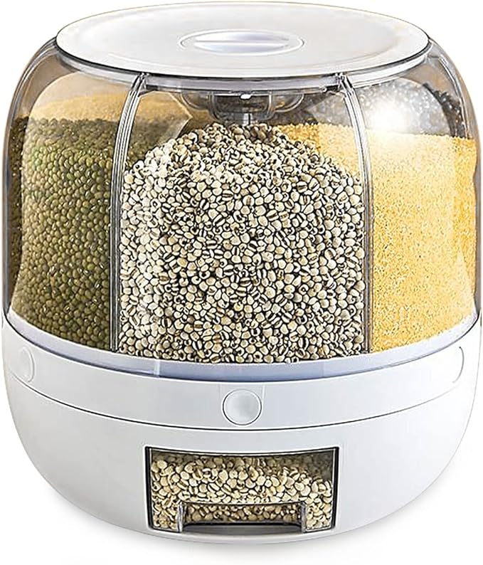 Cereal Dispenser Countertop Rotatable - Grain Containers Tank Dispenser with 6 Compartments - Ideal for Kitchen Storage of Lentils, Rice, Beans and Other Dry Food
