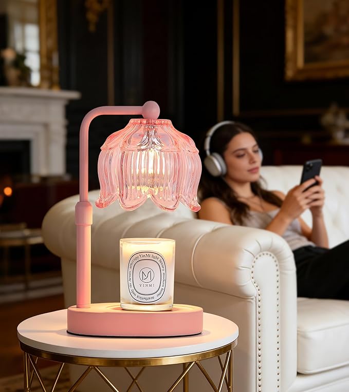 MEIXISUE Pink Flower Candle Warmer Lamp with Timer Dimmer, Adjustable Height No Flame Wax Warmer for Jar Candles, Ideal Gifts for Mom Women, ‌Housewarming New Home Bedroom Decor with 2 Bulbs