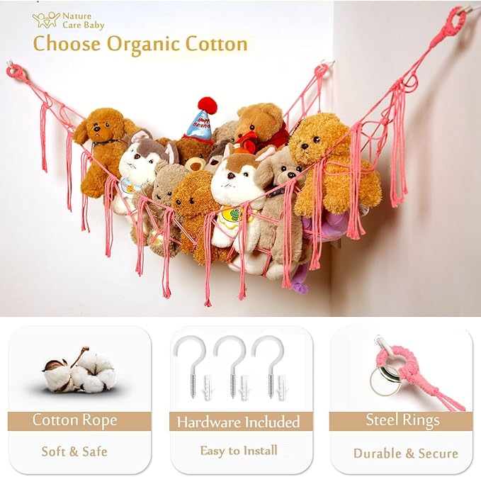 YKBU Stuffed Animals Hammock Corner Hanging Net Macrame Stuffed Animal Storage Plush Toy Holder Toy Organizer for Boho Nursery Playroom Bedroom Kids Room (pink, m)