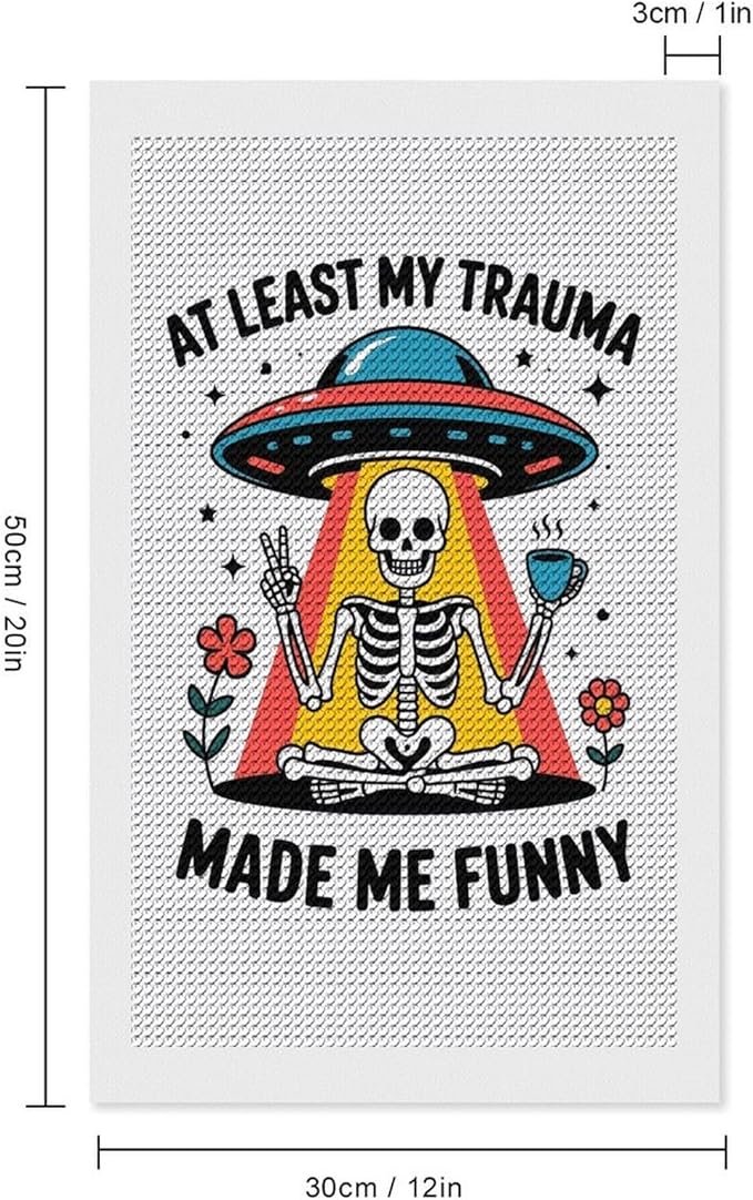 KIVJMSIDJA Diamond Art Kits for Adults Skull Skeleton “At Least My Trauma Made Me Funny” DIY Round Diamond Art for Home Wall Decor & Crafts Gifts 12"x20"
