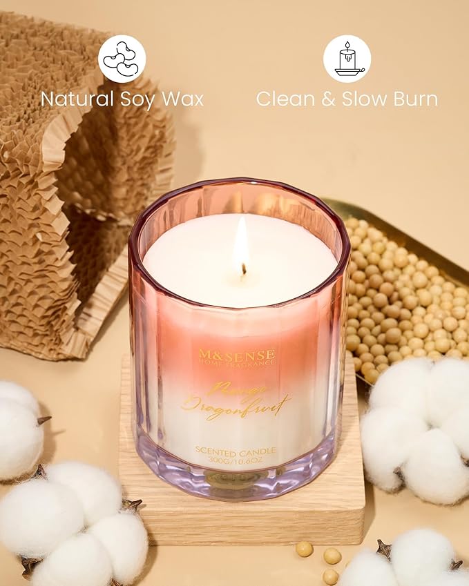 M&SENSE Mango Dragonfruit Scented Candle - 10.6oz Natural Soy Wax 60-Hour Long Lasting Burn Time Non Toxic Fruity Scented Candle for Home Decor, Vacation & Gifts for Friends