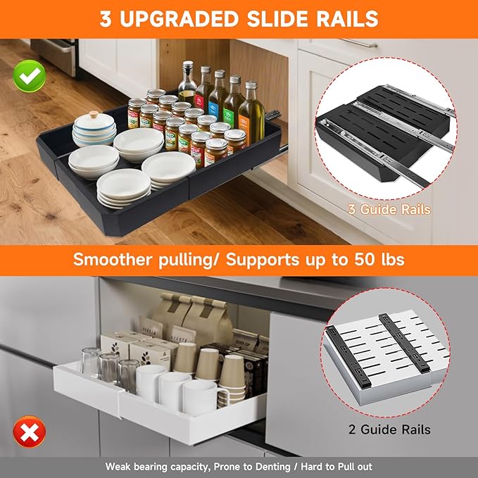 2 Pack Pull out Cabinet Organizer,Adjustable Width (14"-19") and Depth (17"-24"),No Drill Slide out Drawers for Kitchen,Pantry,Adhesive Roll out Shelves,for Cabinets Without Lip