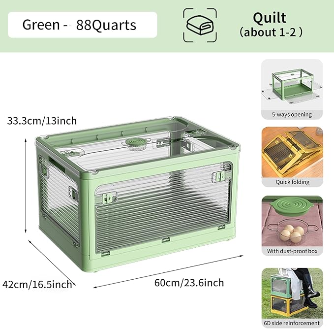 3-Pack Stackable Storage Bins, 83-Liter Collapsible Organizers with 3 Lids, Wheels, Foldable Collapsible Box for Outdoor Camping, Green