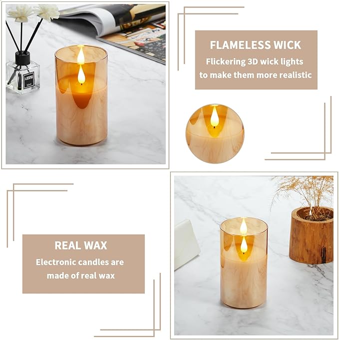 Rechargeable Battery Operated Flickering Flameless Candles with Remote and Timer, led Candle with 3D Wick Last 1000+ Hours Real Wax Electric Candles Pillar Candle for Home, Gold Glass 3" x 4"