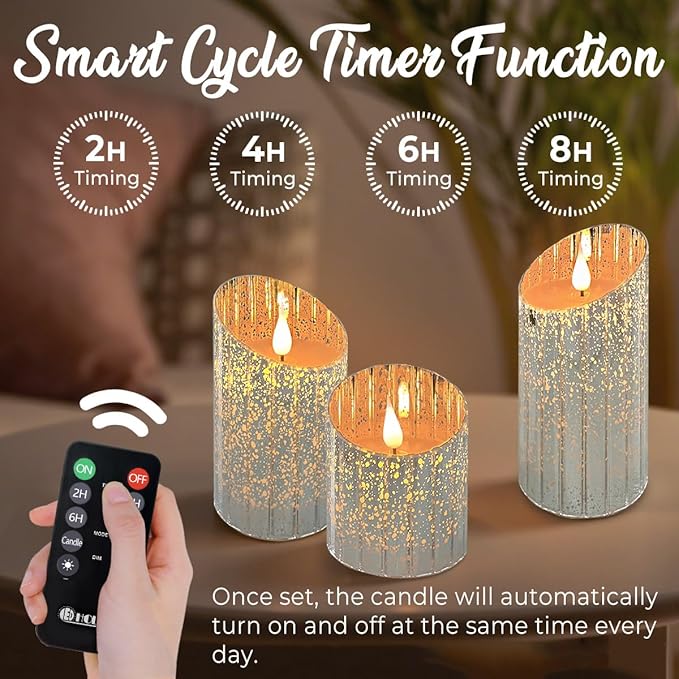 Rechargeable Flameless Candle, Flickering LED Pillar Glass Fake Candle with Remote and Timer, Built-in Battery Real Wax Electronic Candle for Room Decoration, Set of 3