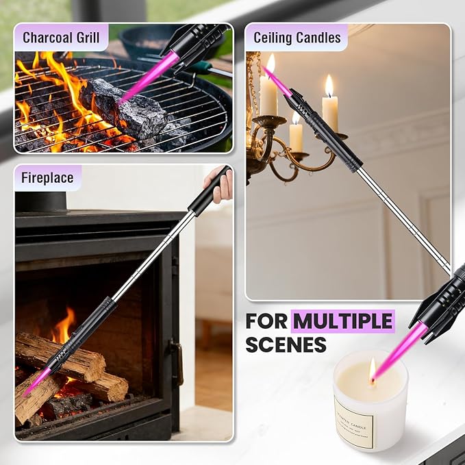 Windproof Torch Lighter, Long Camping Lighter Refillable Butane Gas - 4 in 1 Extendable Lightsaber Lighter with Safety Lock/Jet Flame Cool Lighters for Fireplace Campfires Outdoor Tool for Men