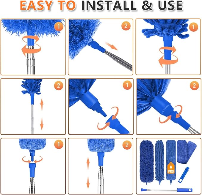 Professional Microfiber Feather Dusters for Cleaning, 6PCS Extendable Bendable Dusters with 100" Telescopic Pole, Washable & Reusable Cleaning Kit for Ceiling Fans, Blinds, Hard-to-Reach Areas (Blue)