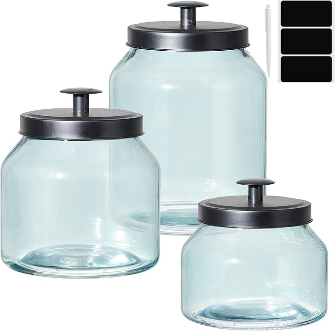Glass Cookie Jar Food Container with Airtight Metal Lid Set of 3 (Blue)