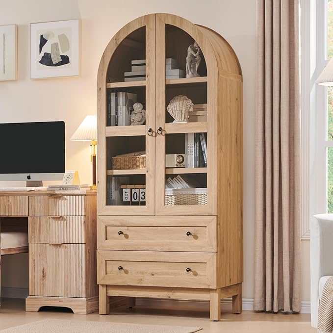 IFBUY 71" Tall Arched Bookshelf, 4-Tier Bookcase with Glass Doors and Shelves, Wooden Display Cabinet w/2 Large Storage Drawers, Modern Farmhouse Versatile Bookshelf for Living Room, Bedroom, Natrual