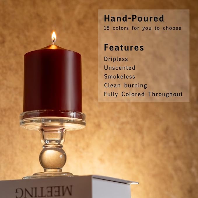 MOZEAL 3" x 4" Hand-Poured Unscented Dark Red Pillar Candles,Dripless Candles Set of 3,Smokeless,Clean Burning,Approx 60 Hours Burn Time,Dinner,Christmas and Home Decor（3 Inch Width Series） Bordeaux