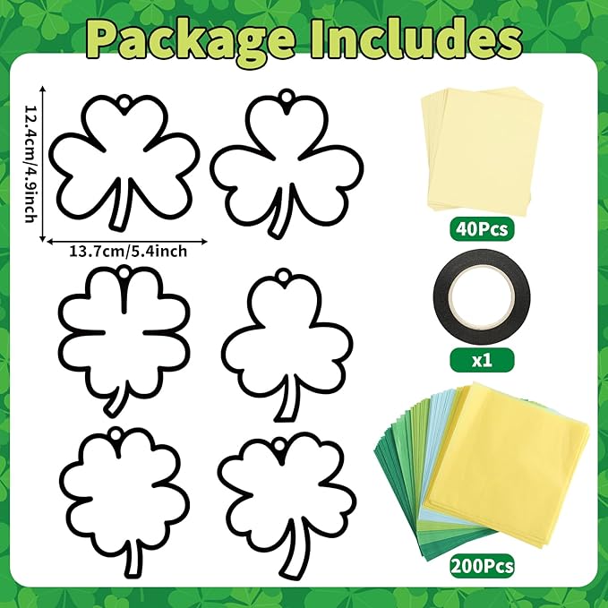 Qyeahkj 36 Set St. Patrick's Day Suncatchers Craft for DIY Shamrock Tissue Paper Craft Kit Lucky Shamrock Stained Glass Window Ornaments Decoration for Home Art Project Party Favor Gift