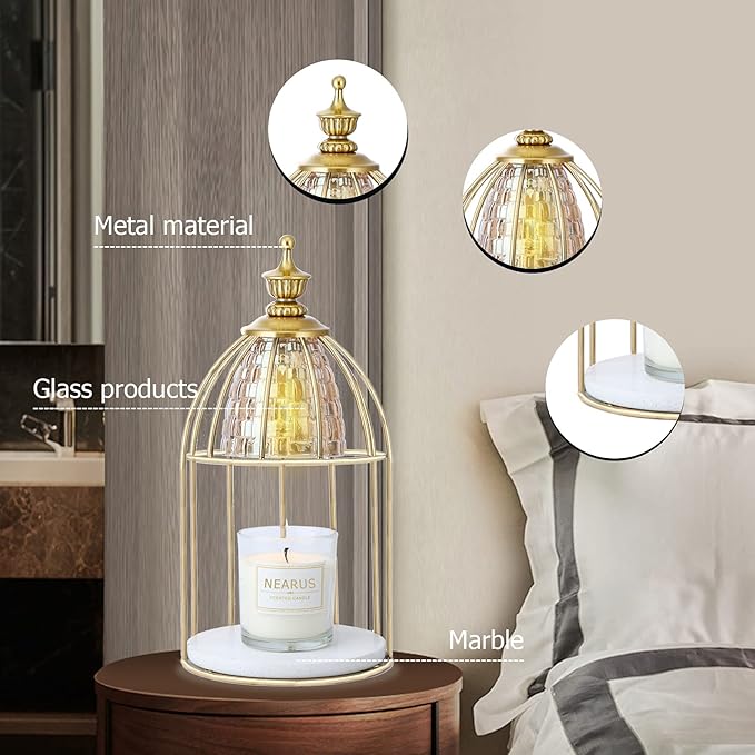 Candle Warmer Lamp, Auto Shut Off and Brightness Heat Level Control with Timer and Dimmable Switch, Top-Down Candle Melting with Marble Base and 2 Bulbs(Black)
