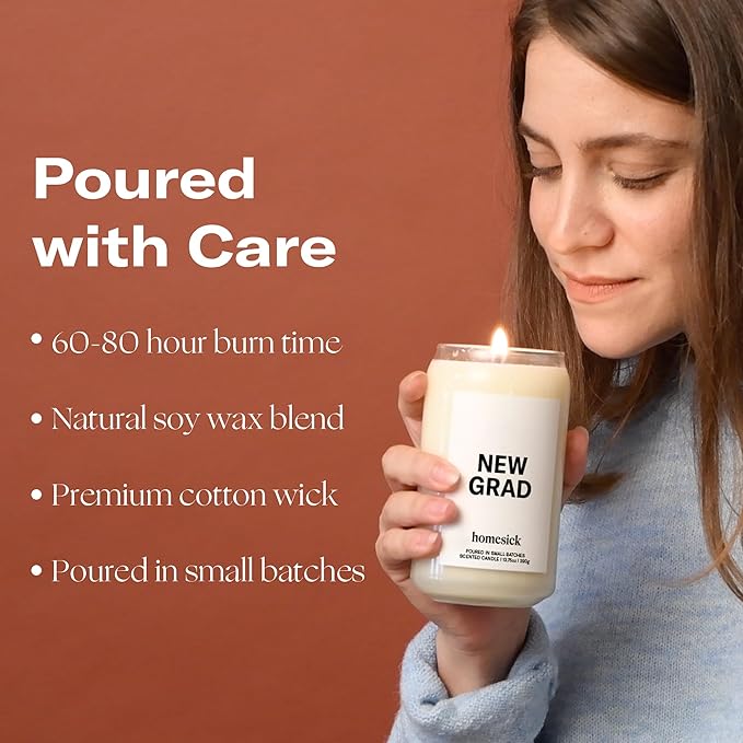 Homesick Scented Candles for Home (New Grad) - 13.75 oz Long-Lasting Soy Wax Jar Candle for Women & Men for All Occasions, 60-80 Hours Burn Time - Notes of Jasmine, Rosemary, Gardenia & Vanilla
