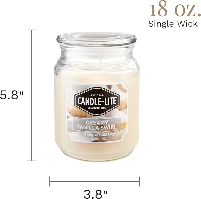 Candle-lite Scented Candles, Creamy Vanilla Swirl Fragrance, One 18 oz. Single-Wick Aromatherapy Candle with 110 Hours of Burn Time, Off-White Color