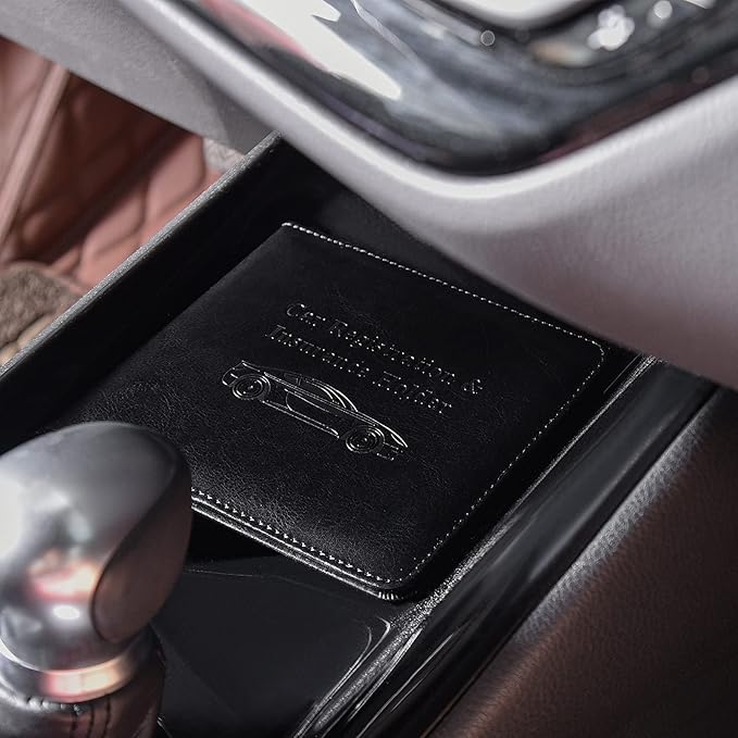 HerriaT Car Registration and Insurance Card Holder - Leather Vehicle Glove Box Automobile Documents Paperwork Wallet Case Organizer for ID, Driver's License, Key Contact Information Cards - Men&Women