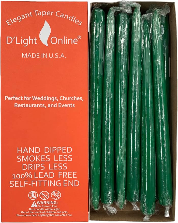 D'light Online Elegant 12" Unscented Holiday Green Taper Candles Premium Quality Candles Hand-Dipped, Dripless Tapered Candles and Smokeless - Set of 12 Individually Wrapped (12 Inch, Holiday Green