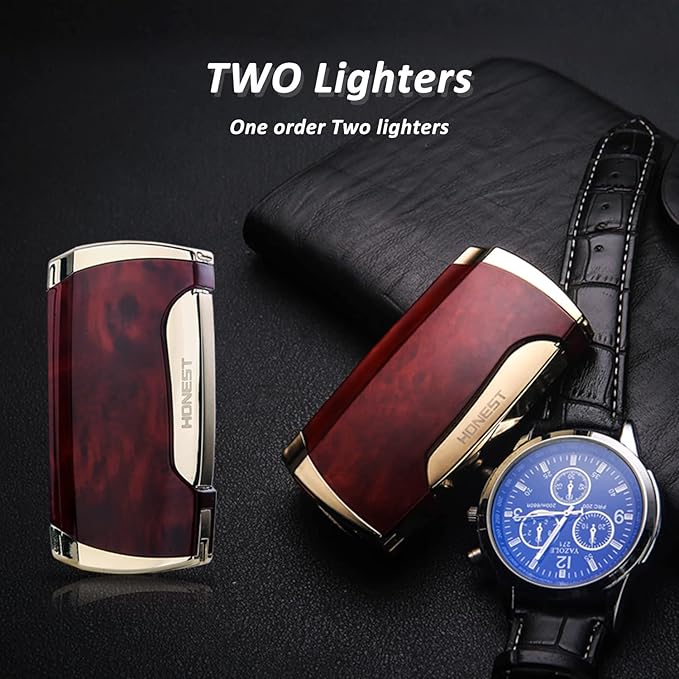 Metal Lighter Double Jet Flame Butane refillable Lighter Shipped Without Gas (2PCS Brown)