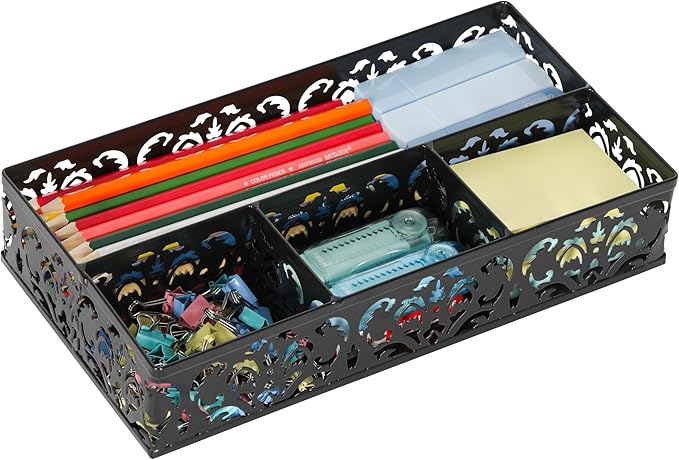 EasyPAG Desk Drawer Organizer with 4 Compartments, Carved Hollow Floral Metal Tray for Office, Jewelry, Cosmetics - No Assembly, Black