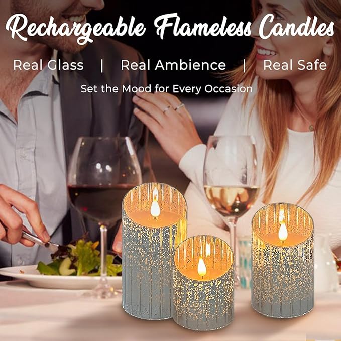 Rechargeable Flameless Candle, Flickering LED Pillar Glass Fake Candle with Remote and Timer, Built-in Battery Real Wax Electronic Candle for Room Decoration, Set of 3