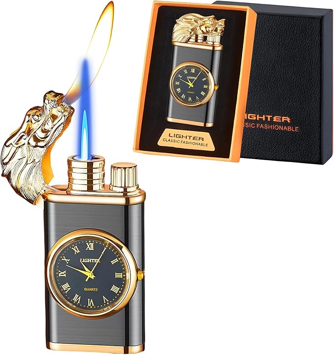 Magic Dragon Dual Flame Windproof Lighter - Adjustable Flame, Refillable Butane Gas for Men, Women, Outdoor Candle - Black