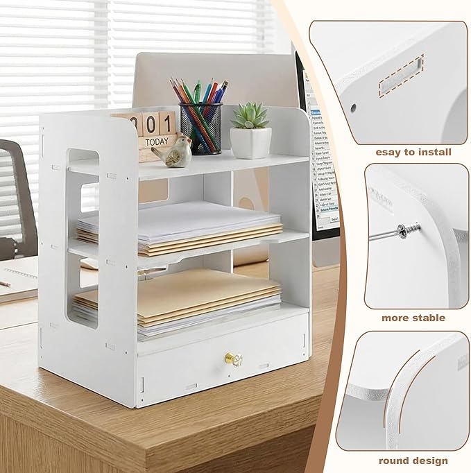 Desk Organizer, 3-Tier File Organizer for Desk with Drawer, Letter Tray Paper, Desktop Document Sorter for Letter, File Folder Holder for Office, Home or School- White MLT002W3