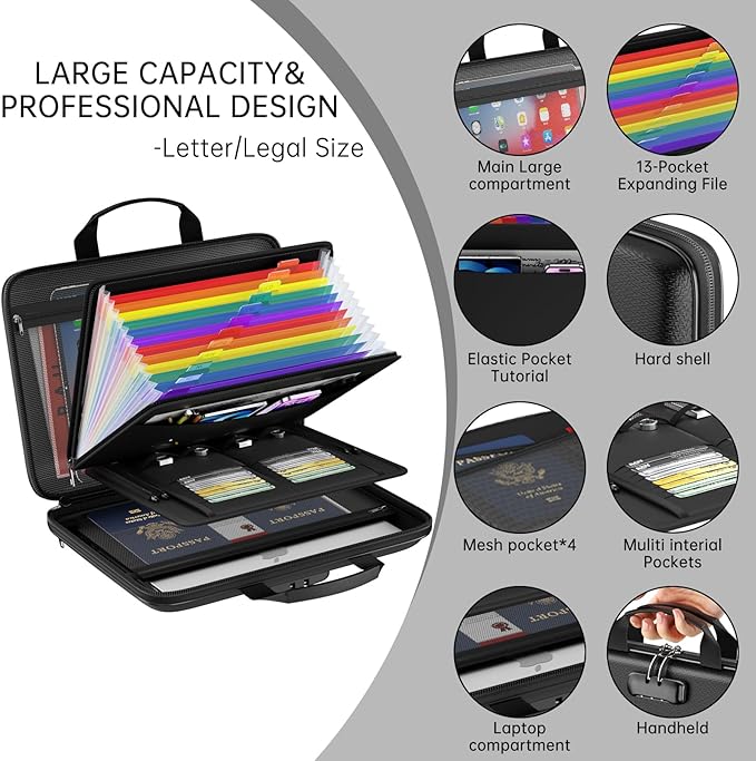 Fireproof File Organizer,Fireproof Document Box with Lock,Large 13 Pocket Expanding File Folder,Hard-Shell Portable Safe Storage for Letter/Legal Document,Laptop,Valuables-Black