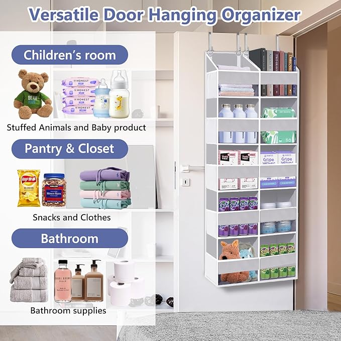 Heavy Duty Over The Door Organizer 5 Tiers, Extra Large Behind Door Storage of 10 Front & 10 Mesh Pockets, 80lb Weight Capacity, Hanging Doors Storage for Closet Bedroom Nursery, Light Gray