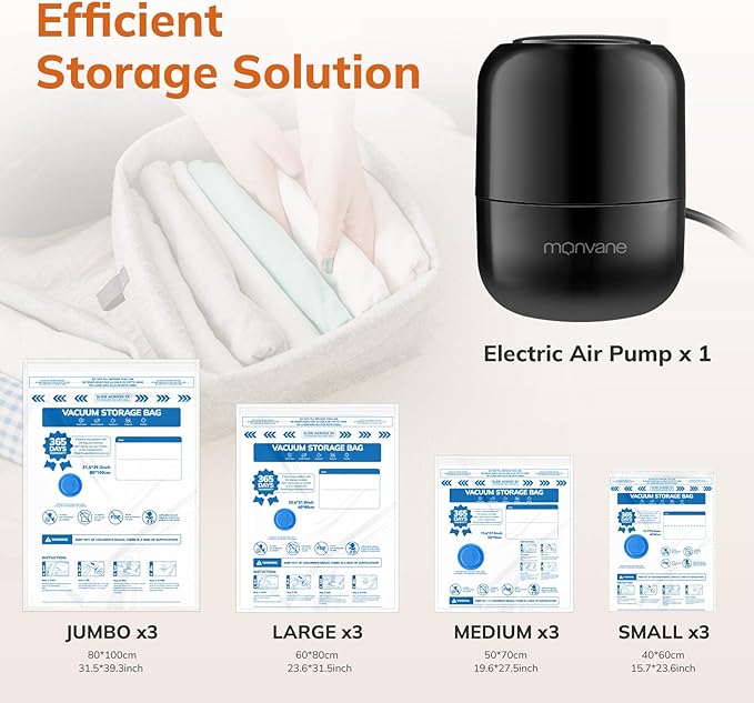 Vacuum Luggage Storage Bags with Wired Electric Portable Pump, Double Zipper Sealed Space Saver Bag, Compression for Clothes, Bedding and Travel Essentials