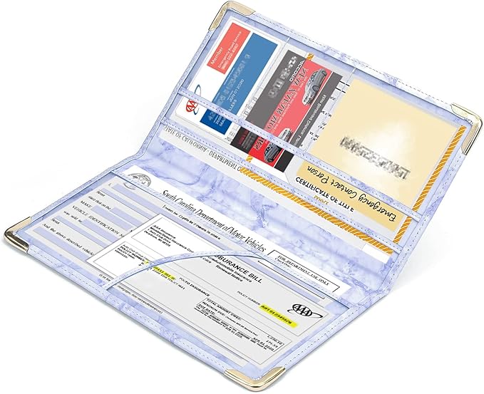 HERRIAT Car Registration and Insurance Card Holder,Marble Leather Vehicle Glove Box Automobile Documents Paperwork Wallet Case Organizer for ID, Key Contact Information Cards,Men&Women