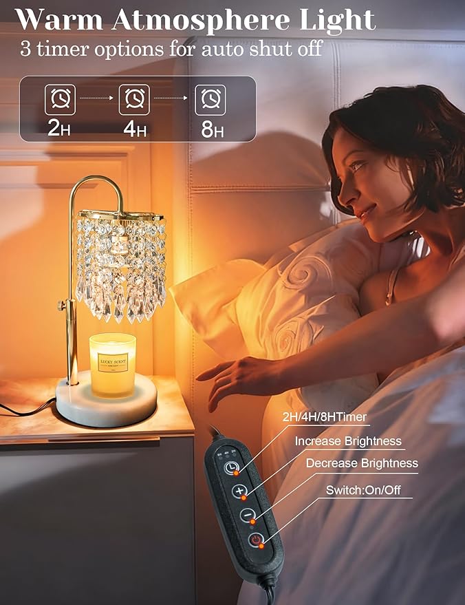 Candle Warmer Lamp with Timer Dimmable, Birthday Gifts for Women, Wax Melt Warmer for House Warming Gifts New Home Decor, Adjustable Height Crystal Candle Lamp for Jar Candles with 3 Bulbs, Gold