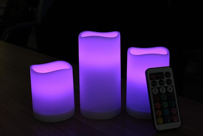 WRalwaysLX Flameless Candles with Timer, Color Changing LED Candles with Remote Control,Battery Candles Outdoor and Indoor Home Decor, Set of 3, 2.5" D X H3/4"/5" by 3AAA Batteries(not Included)