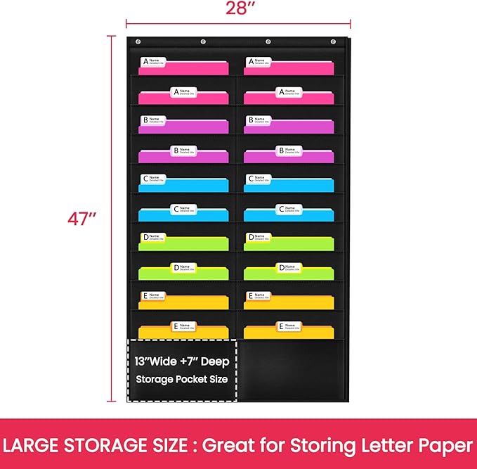 Godery Folder Pocket Chart (Black), Cascading Wall Organizer for School, Classroom, Home or Office Use, 20 Pocket Chart Hanging Wall Organizer with 4 Hangers