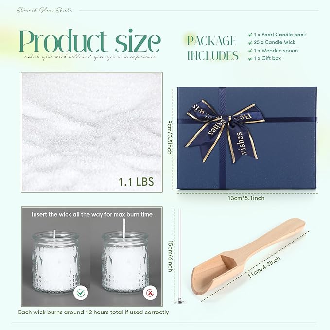 MTLEE Pearled Candle 1.1 Lb/17.6oz Scented Sand Candle Kit Include 25 Wicks, Bow Gift Box, Spoon Reusable Pearled Wax for Mother Mom Day Teahcer Women Friends Gift DIY Home Kit