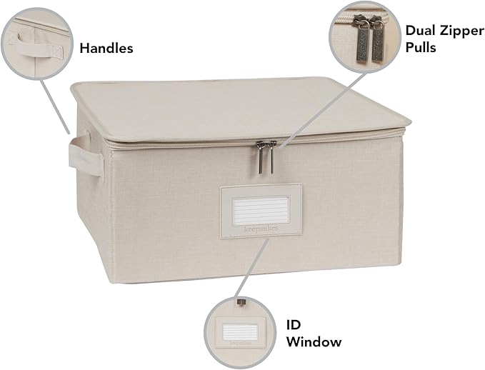 Covermates Dish Storage Box – China & Dinner Plate Storage Container with Dual Zippers, Reinforced Handles, ID Window & Stackable Structured Walls for Dishware Organization, Beige Heather