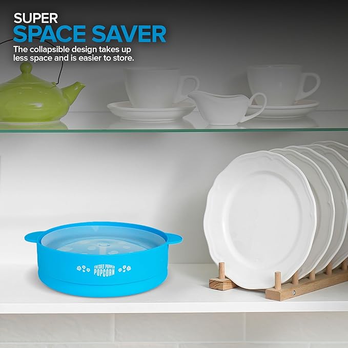 Silicone Microwave Popcorn Popper (Blue) Air Popper Popcorn Maker No Oil Required, Collapsible Pop-Corn bowl with Lid, Reusable, BPA-Free, Dishwasher Safe