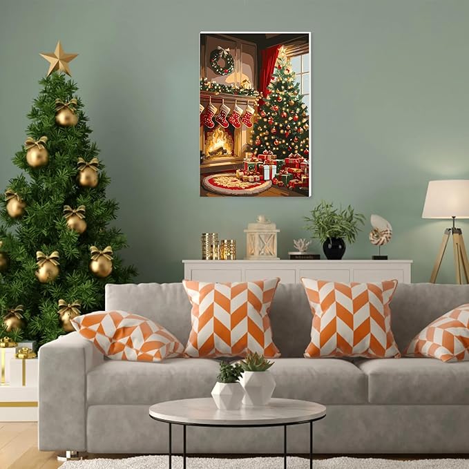 NAIMOER Christmas Tree Fireplace Paint by Numbers Kits for Adults Beginner with Wooden Framed, Color by Numbers on Canvas Painting Kits, Easy Paint DIY Acrylic for Home Wall Decor 8X12 Inch