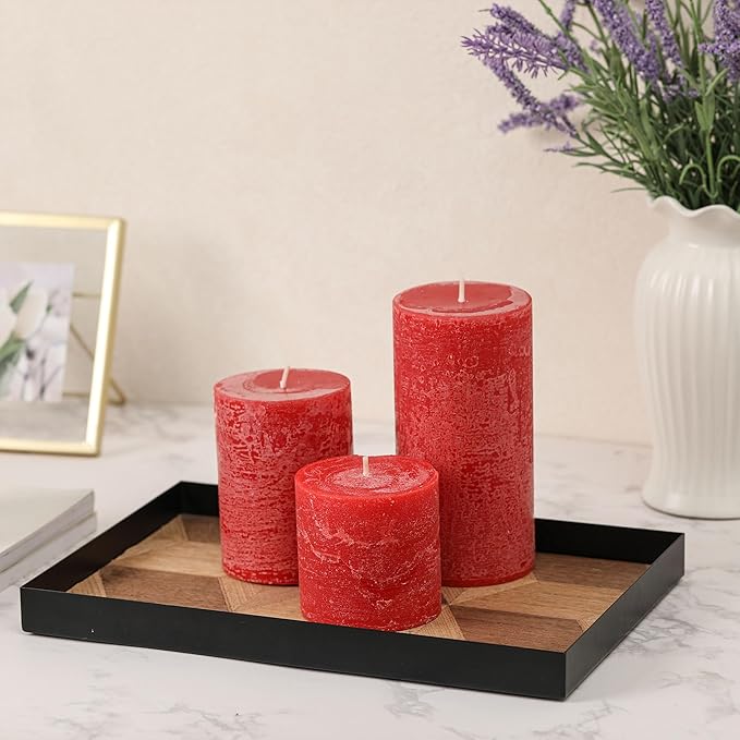 3x3 Inch Bright Red Pillar Candles Set of 3 - Hand-Poured Unscented Candles, Long Clean Burning, Large Big Candle, Smokeless Dripless Candle for Dinner Table, Wedding, Home, Rustic Decor