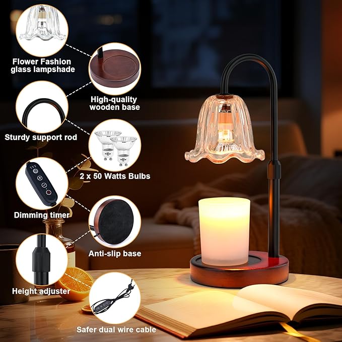 Candle Warmer Lamp Electric: Timer Dimmer Candles Warming Jar Light - Height Adjustable Dimmable Warmers Lamps - Flower No Flame Lamps with Heat Warm Melt Wax - Home Bedroom Decor Table Light