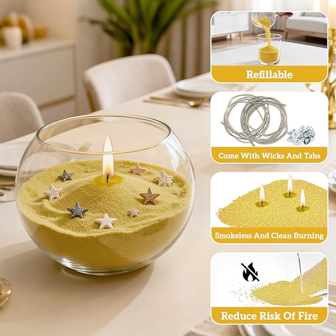 Sukh Gold Snow Pearled-Candles with Wicks - DIY Candle Sand,Sand Wax with Wicks,Wax,Refillable for Making,Weddings,Partie (Gold)