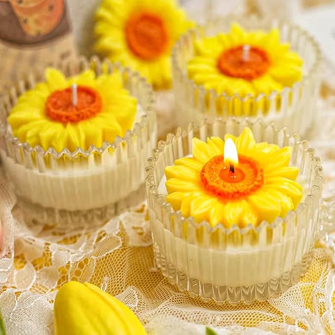 4 Pcs Sunflower Candle Molds, 3D Flower Fondant Chocolate Cake Cupcake Topper Decoration Silicone Mold, DIY Tealight Candle Soap Wax Epoxy Resin Concrete Casting Polymer Clay Craft