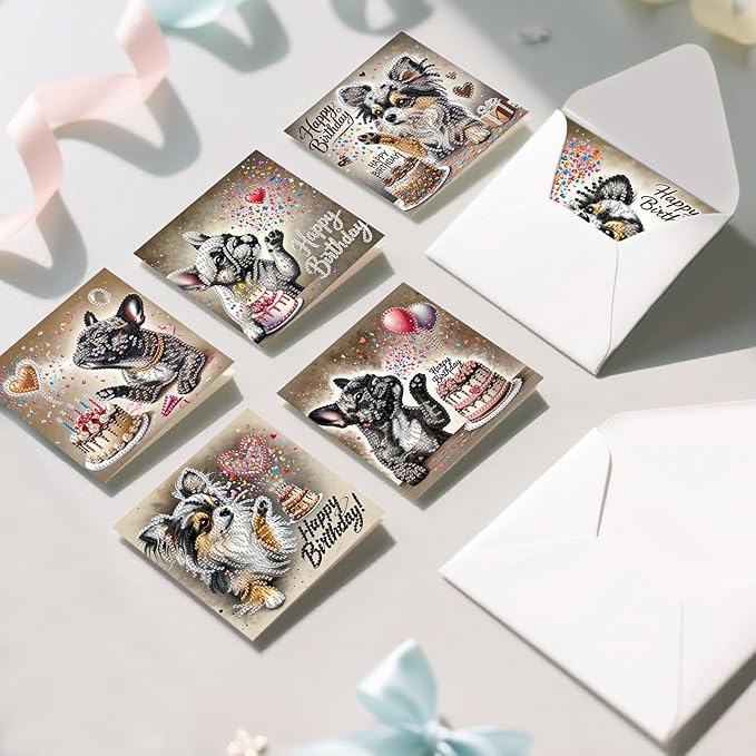 DoxQcs 5D Diamond Art Painting Greeting Cards Kit, DIY Cards for Blessings Congratulations Gifts, Greeting Card Set for Birthday Thanksgiving Day Christmas Halloween-Puppy