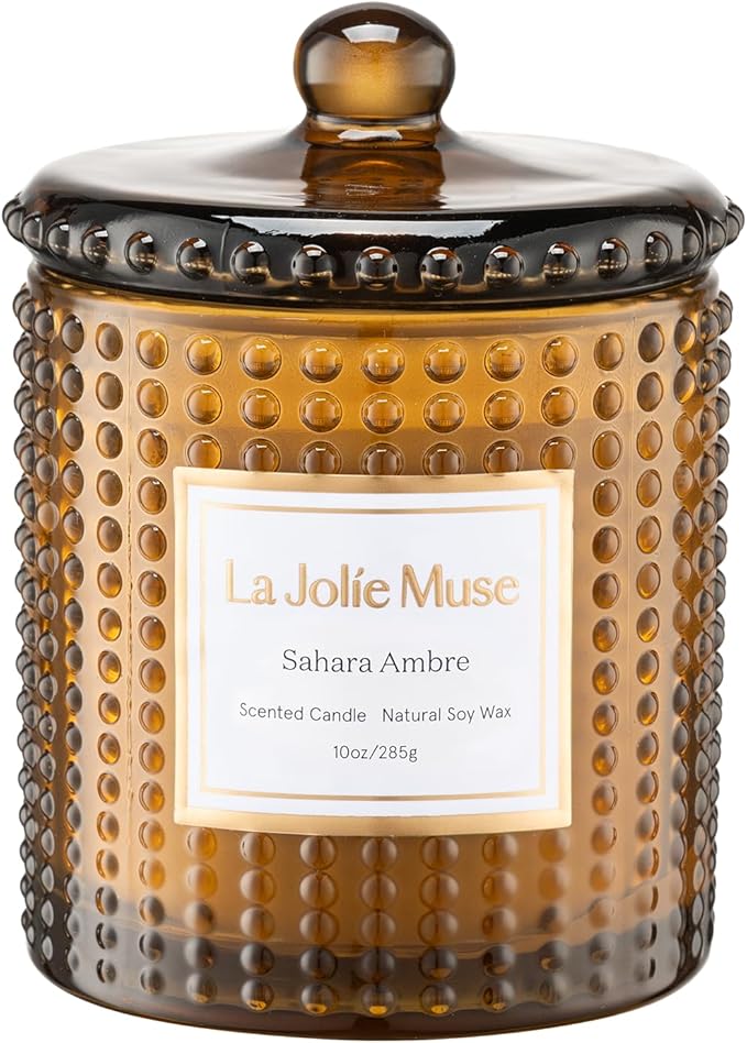 LA JOLIE MUSE Sahara Amber Scented Candle | Bergamot, Clove & Amber | 10 oz Soy Candle | Natural Soy Wax | 55 Hours Clean Burn | Gift-Ready for Cozy Nights | Elevated Home Décor