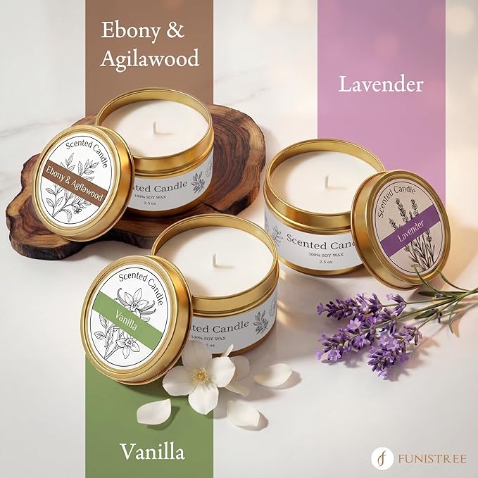 Funistree Candle Warmer Lamp Gift Set with 3 Jar Candles & Gift Box, Gifts for Women Christmas Birthday, Mom Sister Friend Gift, Lavender, Vanilla, Ebony, 2 Bulbs