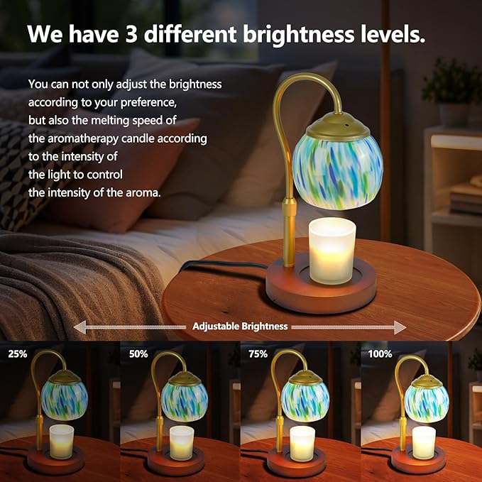 Blue Opal art glass Candle Warmer Lamp with Wood Base - Height Adjustable, 2/4/8H Timer, 4-Level Dimmer - Includes 2 GU10 Bulbs - Winter Home Decor & Gifts for Women, Fits Candles up to 5"