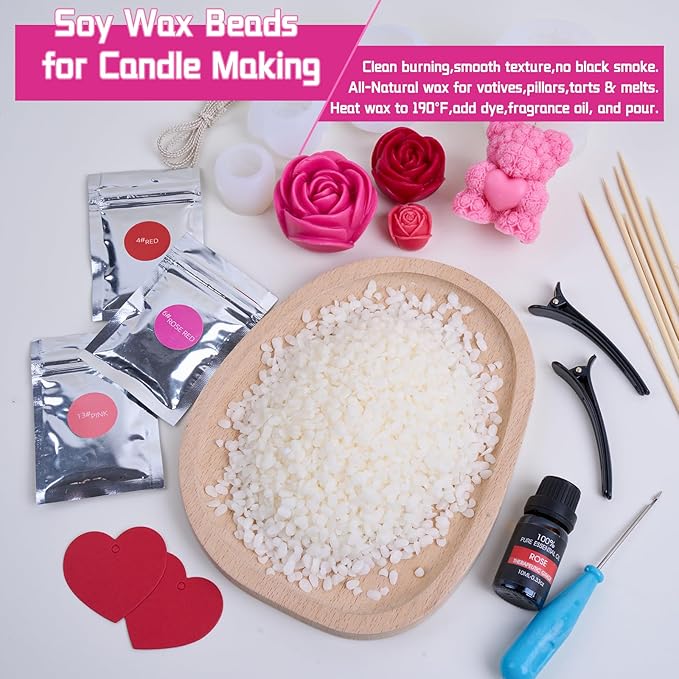 Rose Bucket Candle Kit Handmade Gift Soy Wax Beads for Candle Making Rose Silicone Mold 3D Flower Candle Molds All in One Kit Accessories Set Valentine's Day Gift (Silvery)