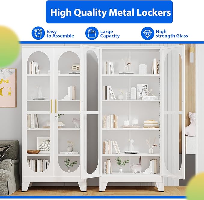 Ckzbx Metal Locker Storage Cabinet with Glass Door 71" H Locking Tool File Cabinets Snack Locker Organizer for School Classroom,Bedroom,Gym Home Office,Entryway and Hallway (White)