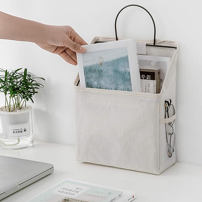 Fantasyon Wall Hanging Storage Bag, Waterproof Over The Door Closet Organizer Hanging Pocket Linen Cotton Organizer Box Containers for Bedroom, Bathroom (White)