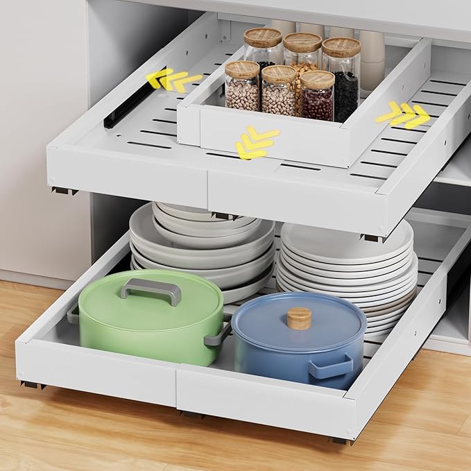 2 Pack Pull Out Cabinet Organizer, Expandable Width (11.4"-18.9") Depth (16.3"-21.7") Pull out Drawers for Cabinets with 3 Rails, No Drill Adhesive Film or Nail Slide out Drawers for Kitchen, Pantry