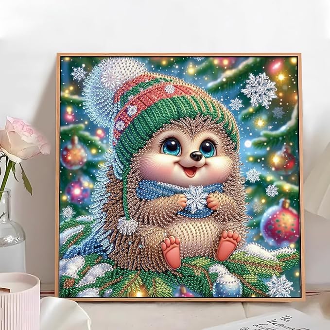 antor Christmas Diamond Painting Kit, 5D Special Shape Diamond Art for Adults, Cute Hedgehog on Christmas Tree DIY Crystal Rhinestones Diamond Painting, Holiday Wall Decor, Winter Home Decoration