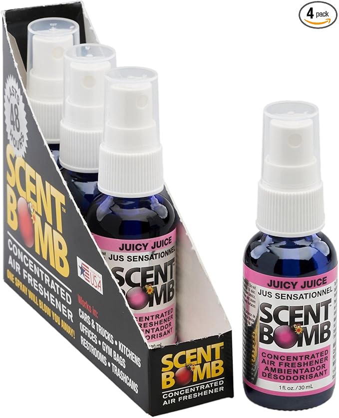Scent Bomb Air Freshener Spray, Long-Lasting Odor Eliminator - Effective Deodorizer for Home & Car, Fresh Room Spray for Kitchen, Bathroom & Smell Neutralizer - 1 oz Pack of 4, Juicy Juice Scent